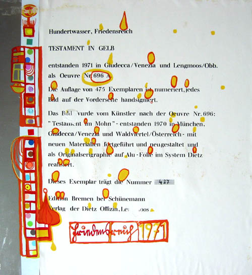 Hundertwasser - Yellow Last Will - 1971 publisher's certificate of authenticity